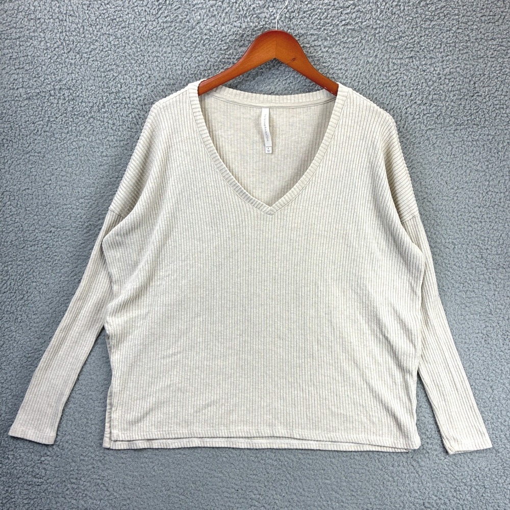 Babaton V-Neck Pullover Sweater Womens M Cream Ribbed Knit Long Sleeve Casual
